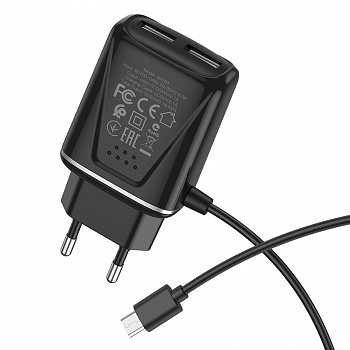Зарядное устройство BOROFONE BA50A Beneficence micro USB, 2.1A, черный, два порта
