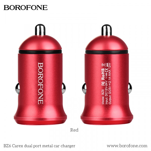 Автомобильное зарядное устройство BOROFONE BZ6 Carex, 2.1A, 12 Вт, красный, двойной порт