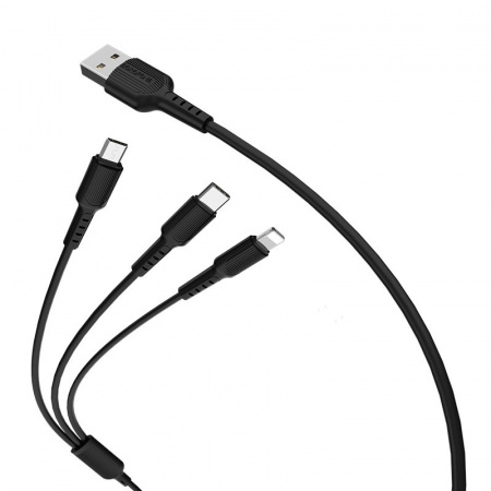 Кабель 3 в 1 Borofone BX16, lightning, micro USB, USB Type-C, черный 1 м