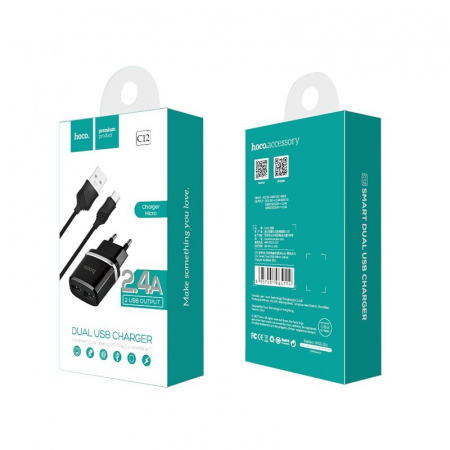 Комплект зарядки Micro USB Hoco C12 Smart, 2 USB, 2.4А, черный