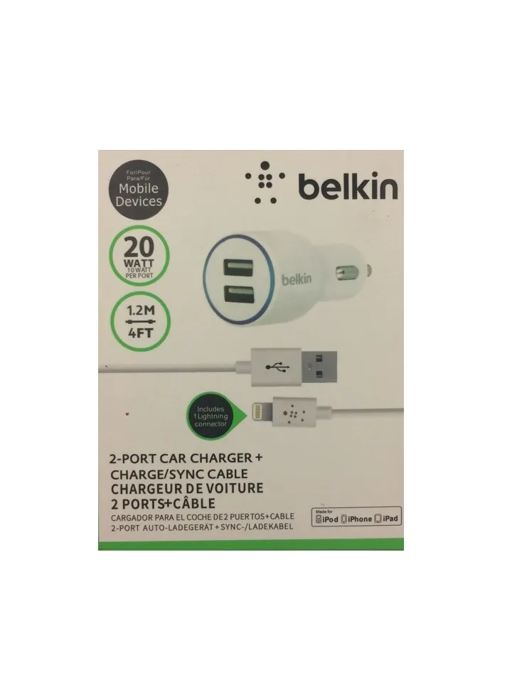 Belkin автомобильное зарядное устройство на 2 выхода с кабелем для IPhone